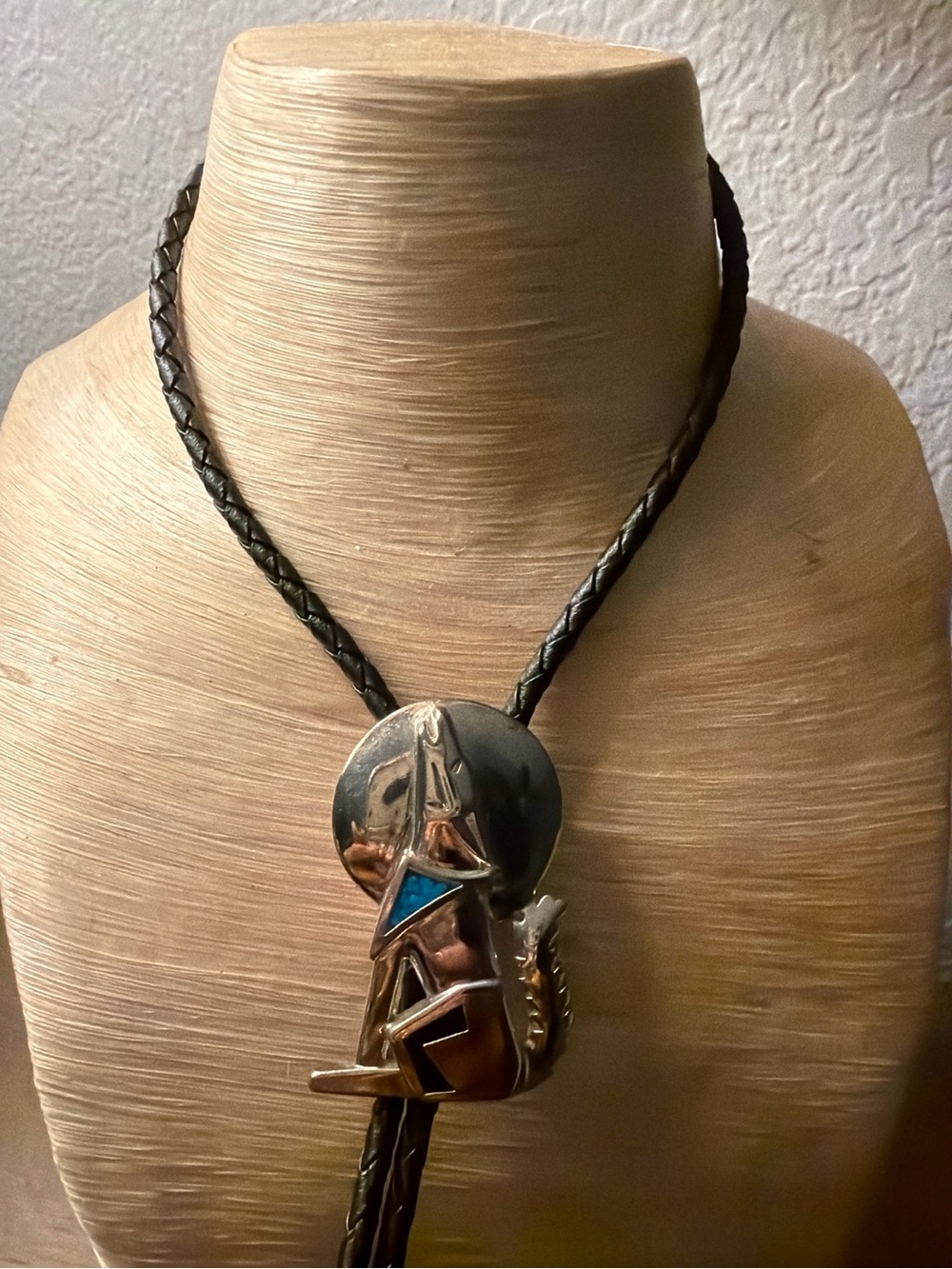Silver-tone Bolo Tie Necklace with Turquoise Accent - Brown Cord